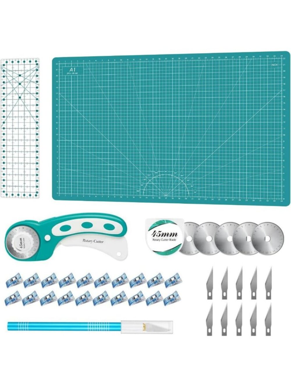 Quilting Rotary Cutter Set with 45mm Fabric Cutter, Blades, Cutting Mat & Ruler